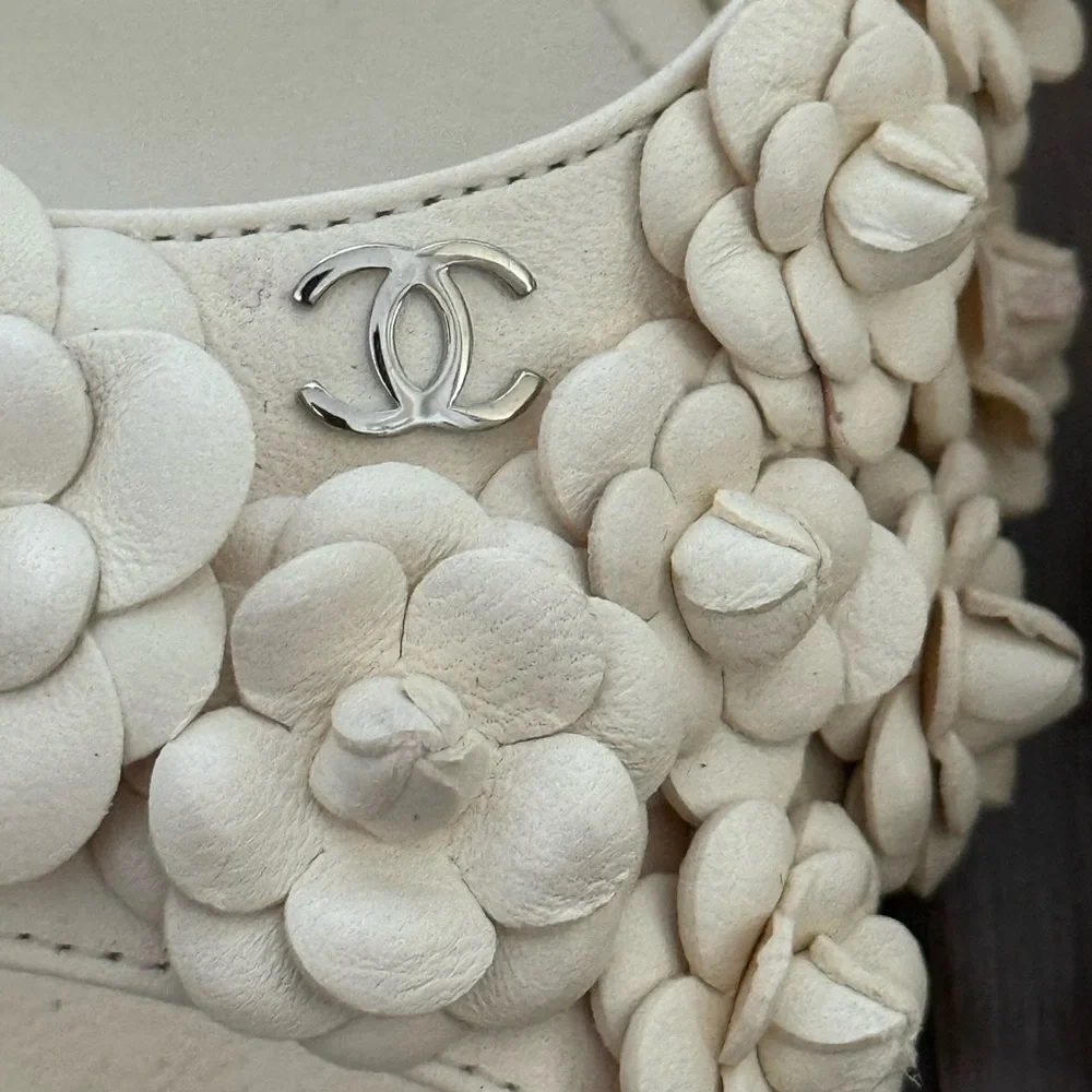 CHANEL Camellia Ankle Strap Interlocking CC Logo Lambskin Leather Heels 38.5